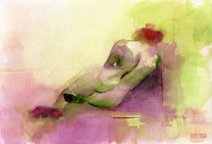 900x613 Reclining Woman Magenta Green And Orange Watercolor Painting - Chartreuse Painting
