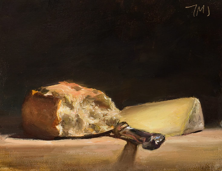 734x567 Daily Paintings Still Life With Bread, Cheese And Knife - Cheese Painting
