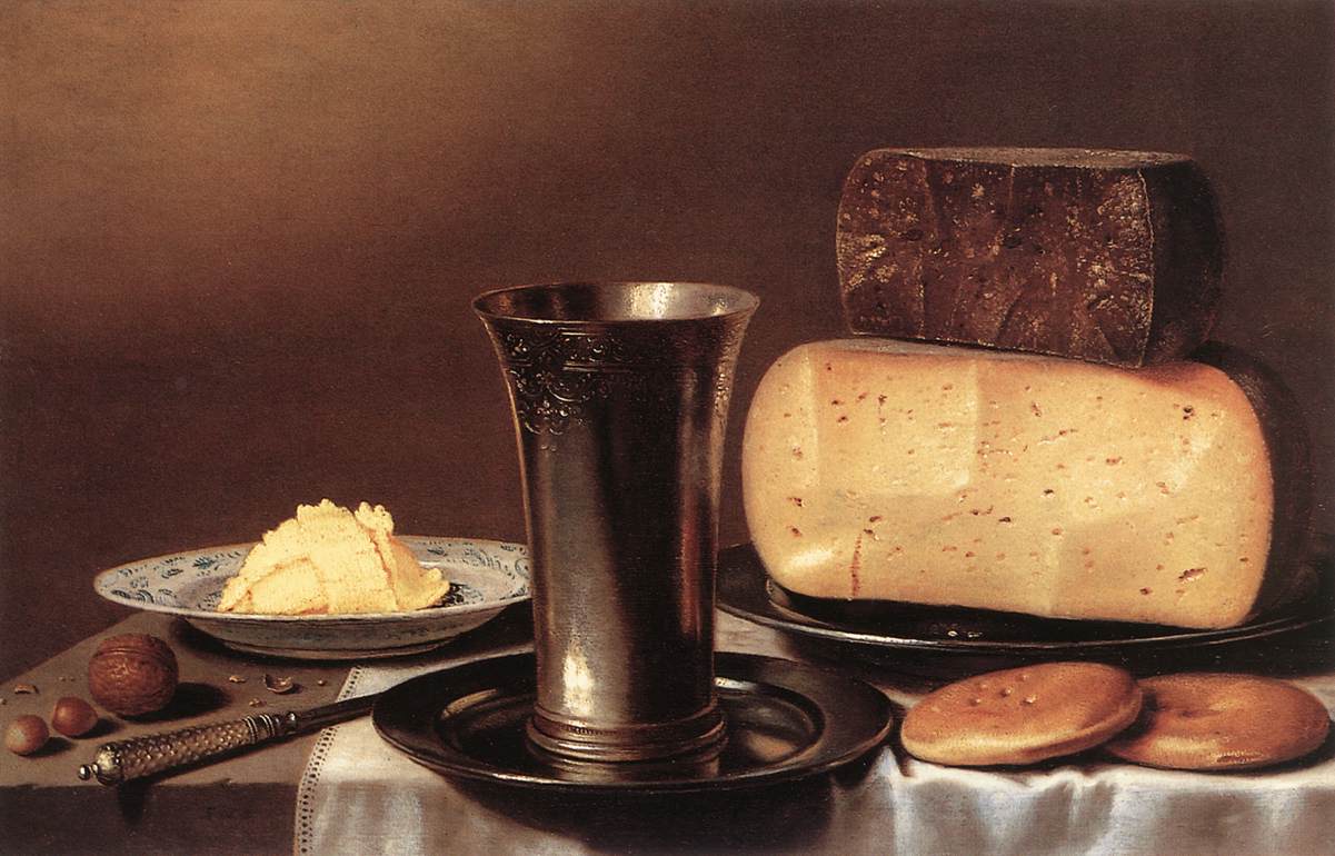 1201x770 Still Life With Glass, Cheese, Butter And Cake Painting Floris - Cheese Painting