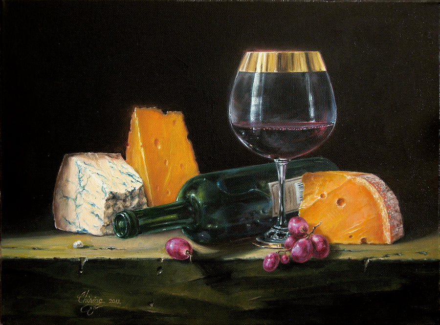 900x665 Wine And Cheese Painting By Daniel Cristian Chiriac - Cheese Painting