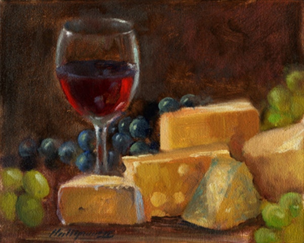 600x480 Wine And Cheese Paintings Ii 8 10 In. Original Oil By Artist Hall - Cheese Painting