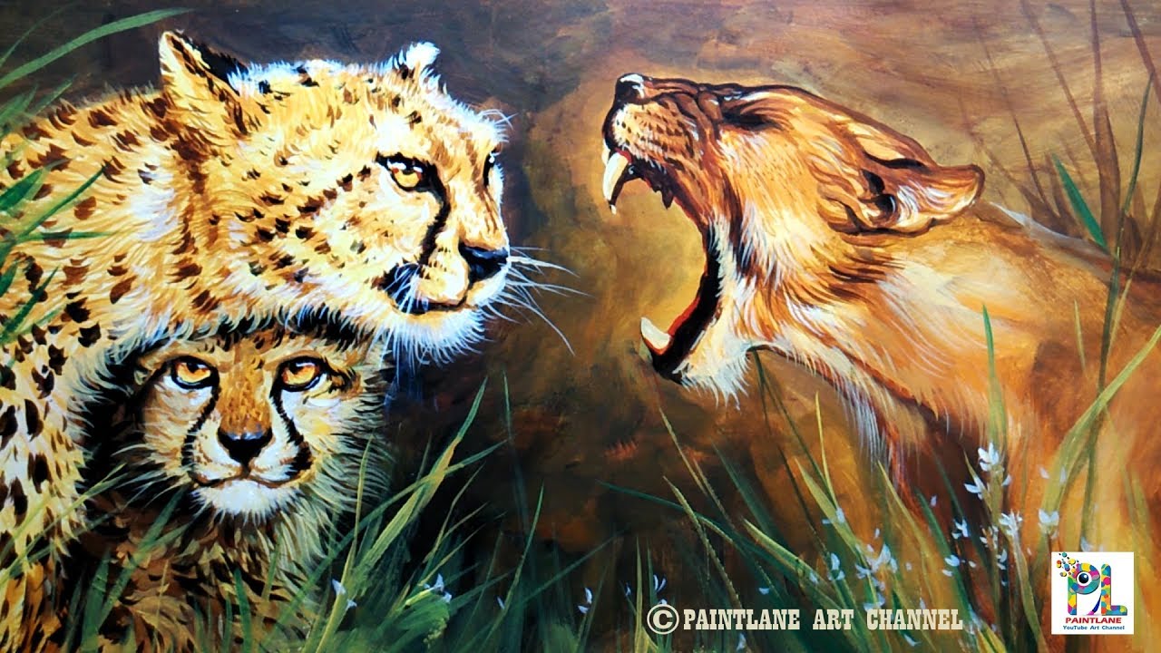 1280x720 Wild Animals Female Lion And Cheetah Painting With Acrylic - Cheetah Painting