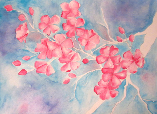 637x460 Cherry Blossom Watercolor Painting - Cherry Blossom Branch Painting