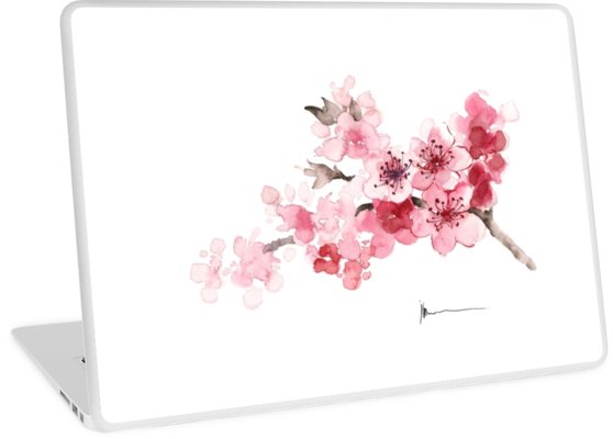 558x400 Cherry Blossom Branch Watercolor Art Print Painting Laptop Skins - Cherry Blossom Branch Painting