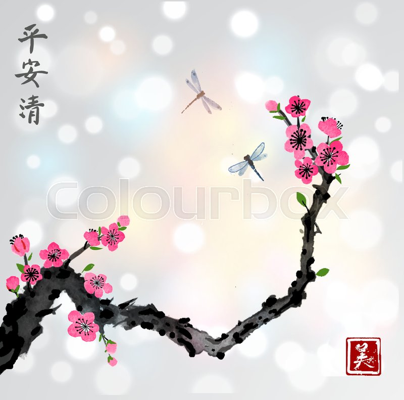 800x791 Cherry Sakura Tree Branch In Blossom And Two Dragonflies On White - Cherry Blossom Branch Painting