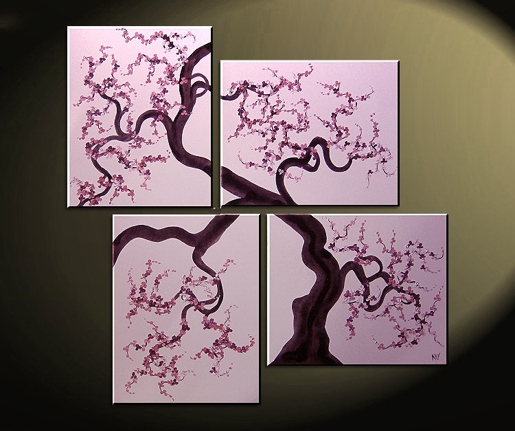 750x627 Original Painting Cherry Blossoms Wall Art Pink And Purple Flowers - Cherry Blossom Branch Painting