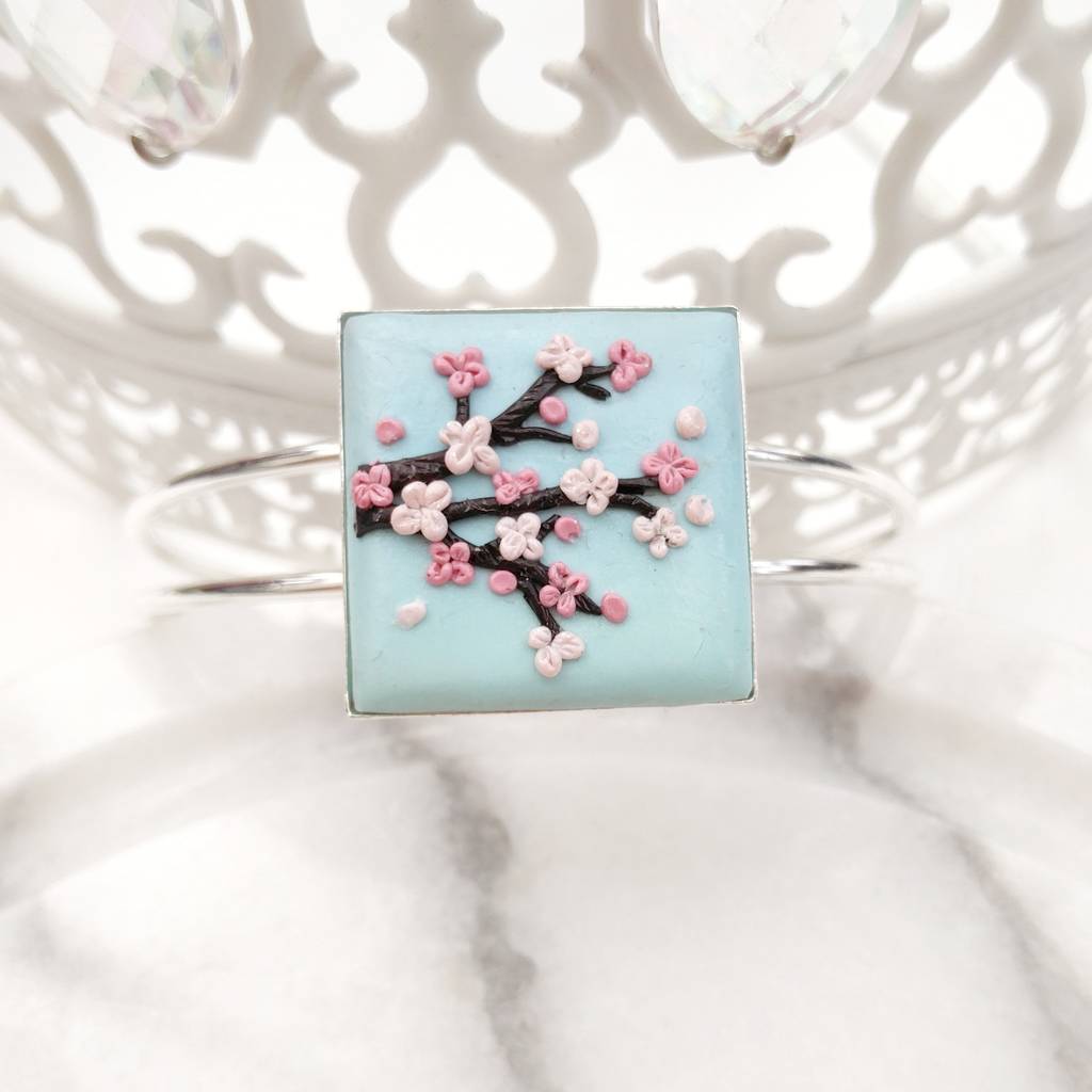 1024x1024 Cherry Blossom Branch Bangle Mini Clay Painting By Dinkibelle - Cherry Blossom Branch Painting
