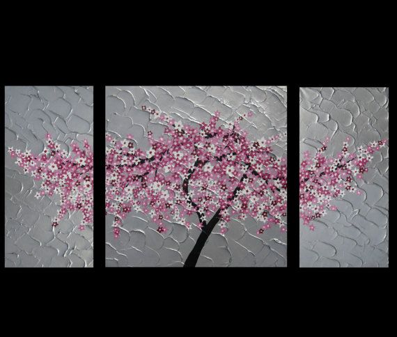570x484 Ready Made Large 3 Canvas Cherry Blossom Painting By Sheerjoy - Cherry Blossom Canvas Painting
