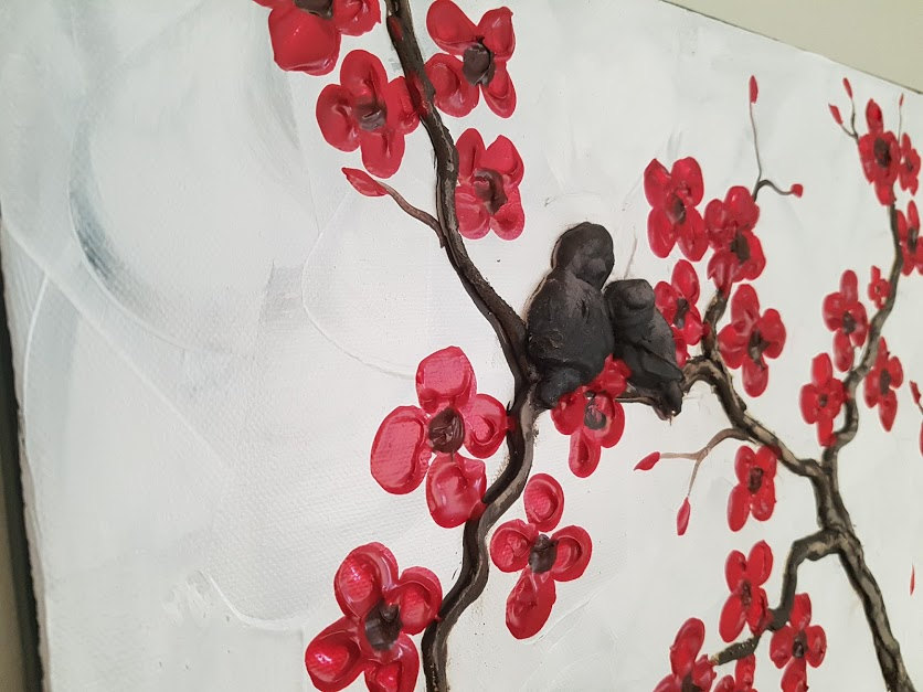 836x627 Large Textured Cherry Blossom And Love Bird Painting White - Cherry Blossom Flower Painting