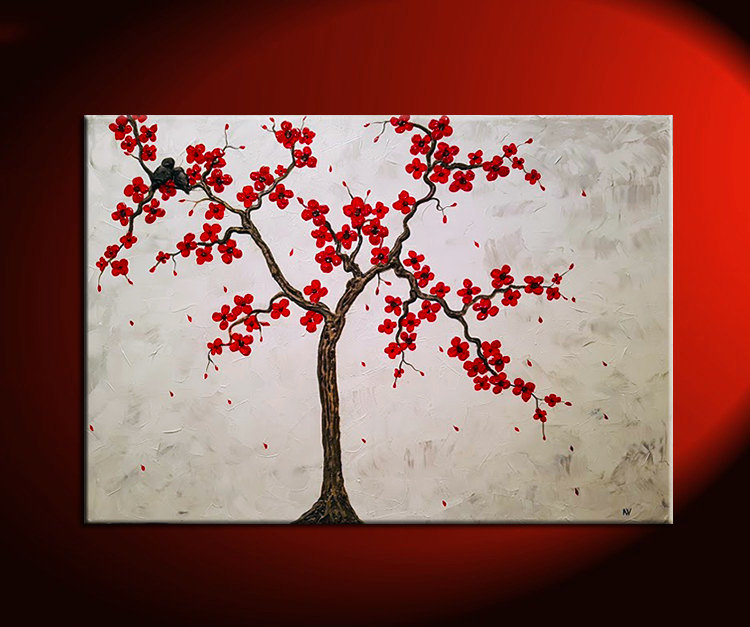 750x627 Large Textured Cherry Blossom And Love Bird Painting White - Cherry Blossom Painting