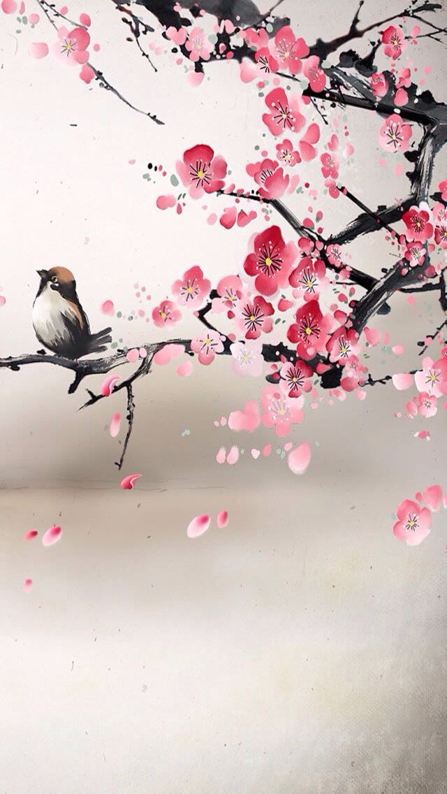 640x1136 Painting () Of Bird And Cherry Blossoms - Cherry Blossom Painting
