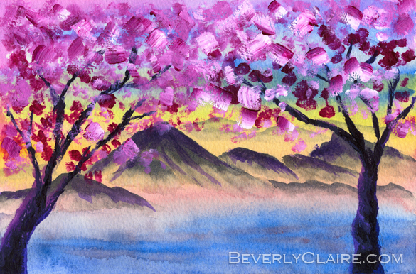585x386 Cherry Blossom Trees By The Lake - Cherry Blossom Painting Acrylic