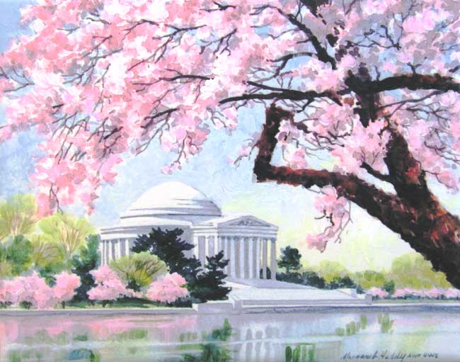 650x511 Jefferson Memorial And The Cherry Blossoms, Margaret Huddy, Aws, Nws - Cherry Blossom Painting Acrylic