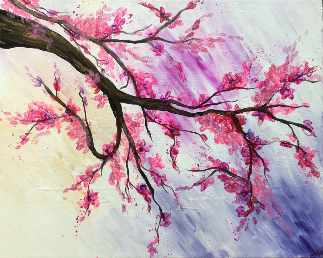 1051x840 Pink Cherry Blossom - Cherry Blossom Painting Acrylic