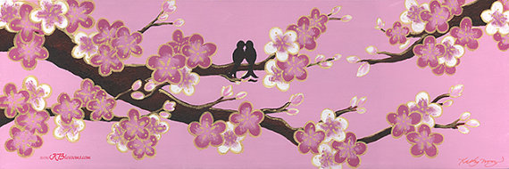 570x190 Pink Sakura Love Birds Poster Print Baby Room Wall Art Pink - Cherry Blossom Painting Acrylic