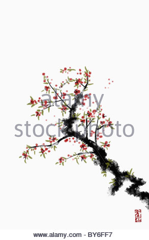293x470 Japanese Apricot Tree In Ink Painting Stock Photo 33950037 - Cherry Blossom Tree Ink Painting
