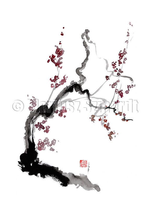 570x808 Cherry Blossom Sakura Pink Cream Flowers Bloom Giclee Fine Art - Cherry Blossom Tree Ink Painting