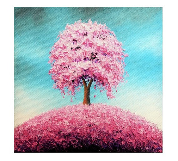 570x517 Contemporary Art Print Pink Tree Art Print Cherry Blossom - Cherry Blossom Tree Painting