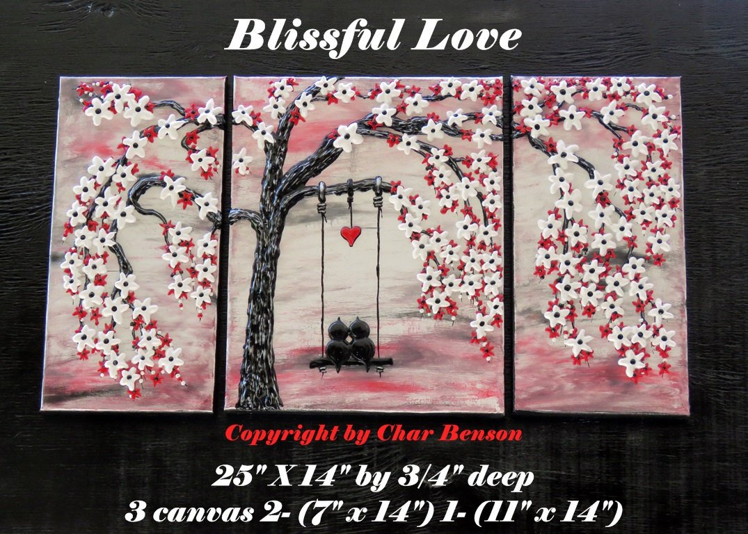 1075x768 Cherry Blossom Tree With Love Birds Swinging In Red And White - Cherry Blossom Tree Painting On Canvas