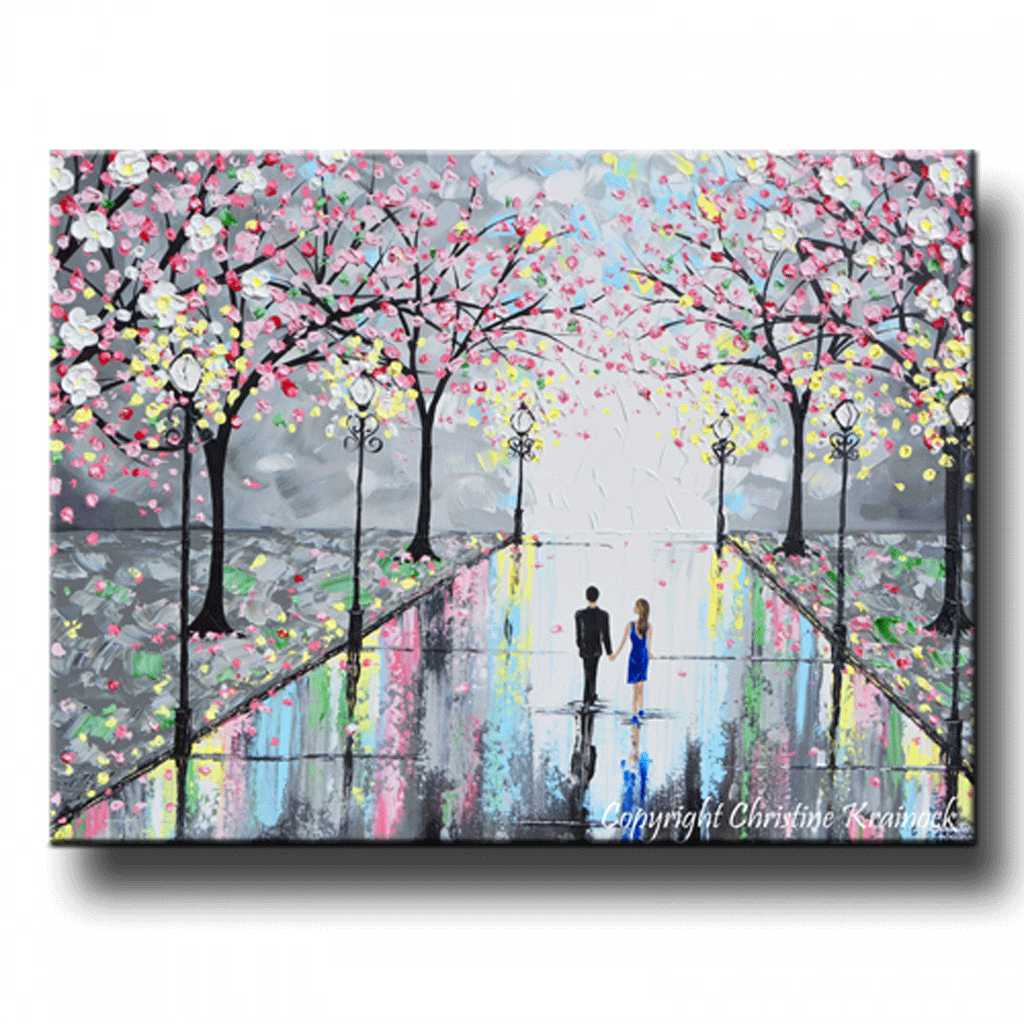1024x1024 Giclee Print Art Abstract Painting Couple Pink Cherry Trees - Cherry Blossom Tree Painting On Canvas