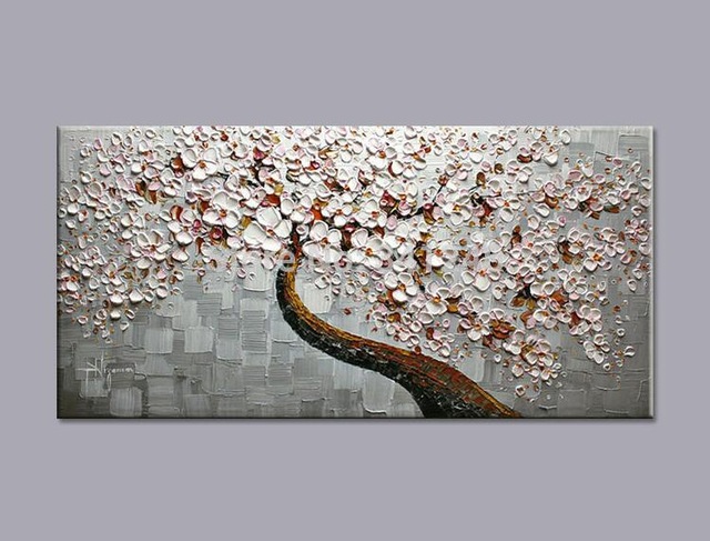 640x487 Hand Painted Modern Home Decor Wall Abstract Art Gray Pink Cherry - Cherry Blossom Tree Painting On Canvas
