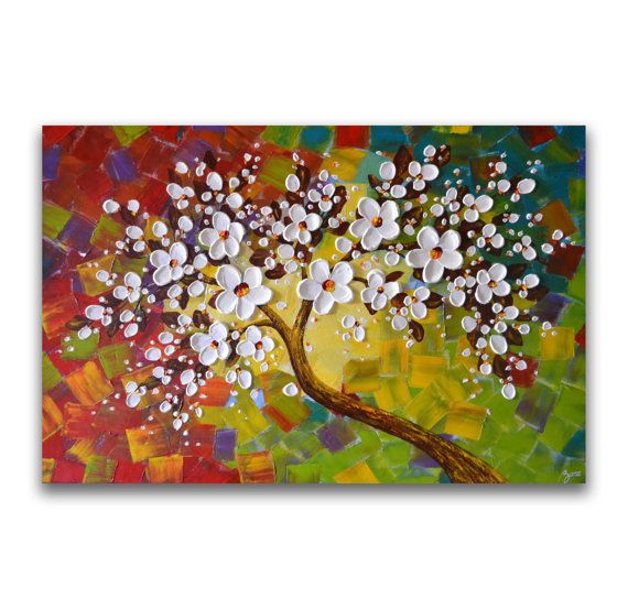 570x553 Large Wall Decor, Large Painting, Canvas Wall Art, Colorful - Cherry Blossom Tree Painting On Canvas