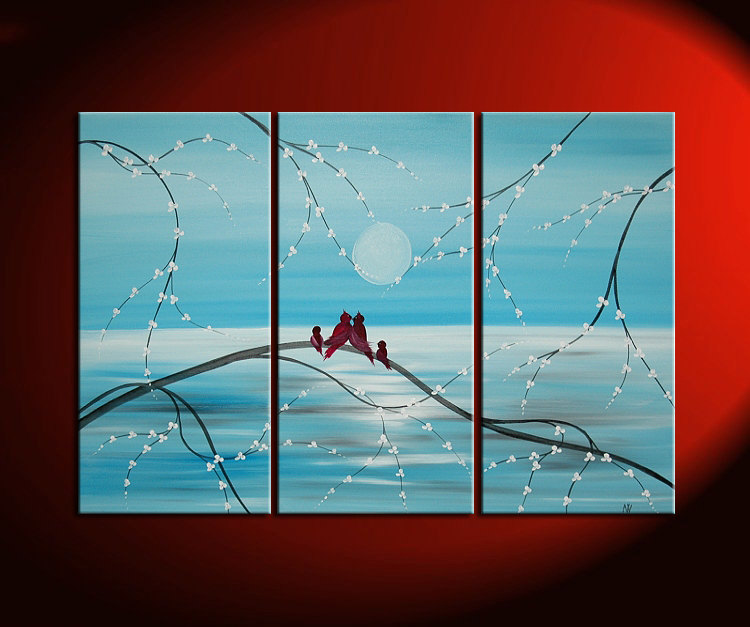 750x627 Original Painting Love Bird Art Blue Painting Cherry Blossoms Tree - Cherry Blossom Tree Painting On Canvas