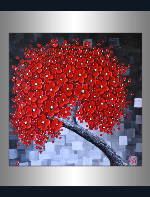570x750 Red Tree Painting Original Modern Artwork Textured Black White - Cherry Blossom Tree Painting On Canvas