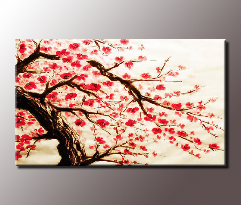 494x421 Stunning Red Cherry Blossom Painting 34x20 Inch Canvas Wall Art Print - Cherry Blossom Tree Painting On Wall