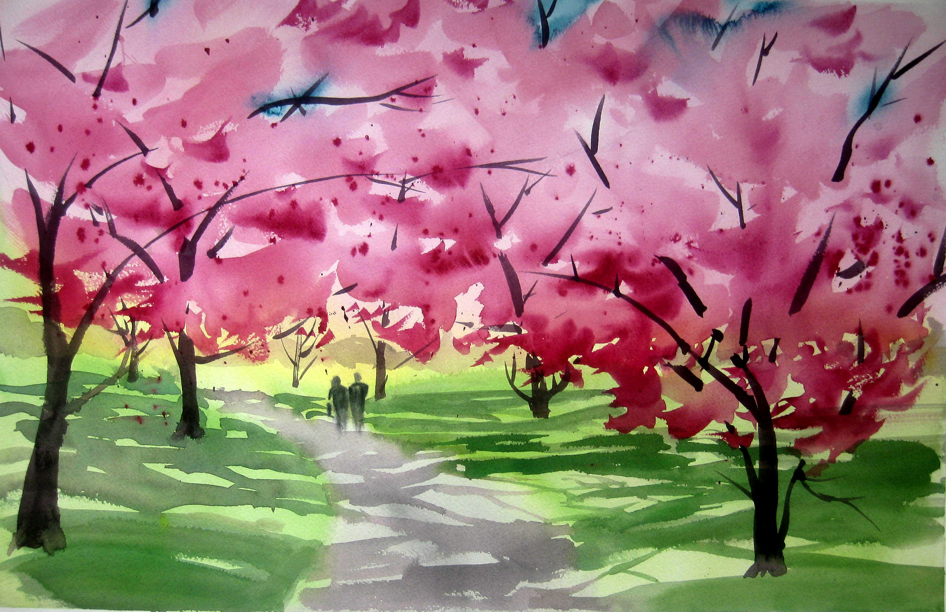 3120x2020 Cherry Blossom Walk Watercolor Atelier - Cherry Blossom Tree Watercolor Painting