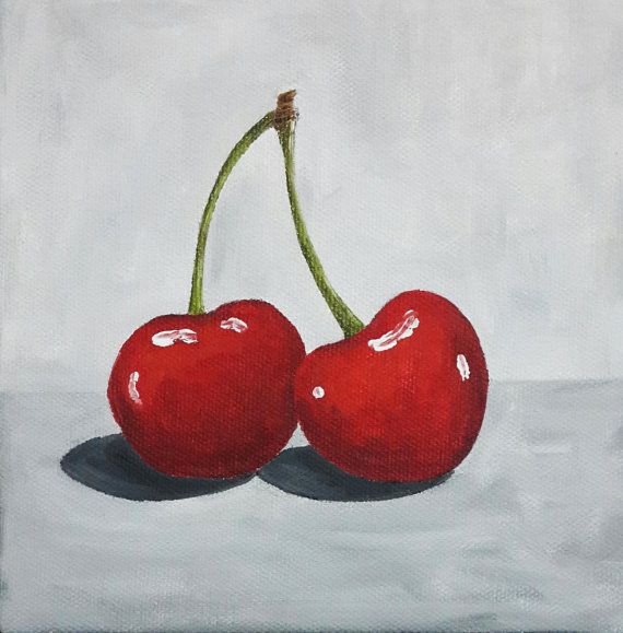 570x579 Cherry Painting, Two Cherries Acrylic Painting, Kitchen Art, 6x6 - Cherry Painting