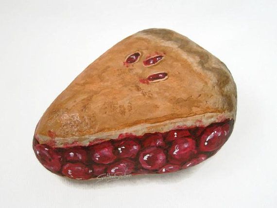 570x428 Painted Rock, Painted Stone, Cherry Pie, Food Art, Dessert Painted - Cherry Pie Painting