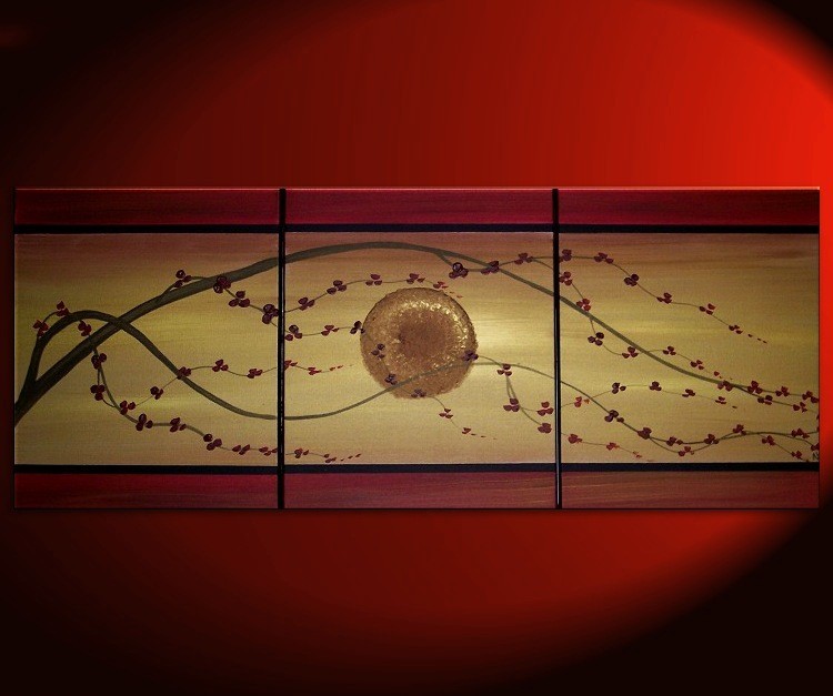 750x627 Golden Cherry Blossom Acrylic Painting Deep Red Flowers Asian Zen - Cherry Tree Painting