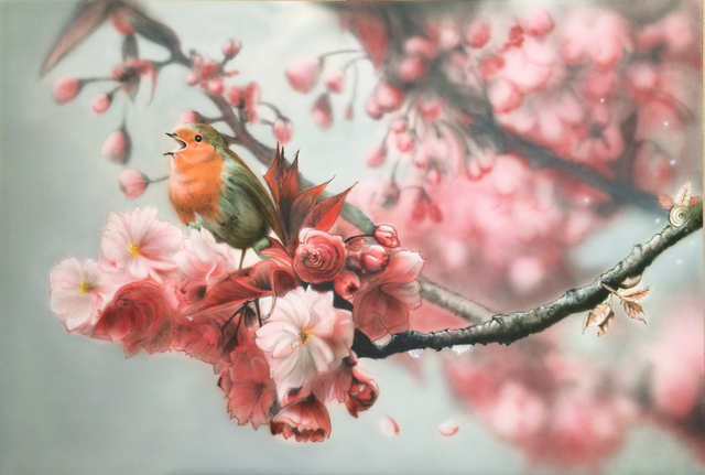 640x431 Stephen Fusco Artwork Bird In A Cherry Tree Original Painting - Cherry Tree Painting