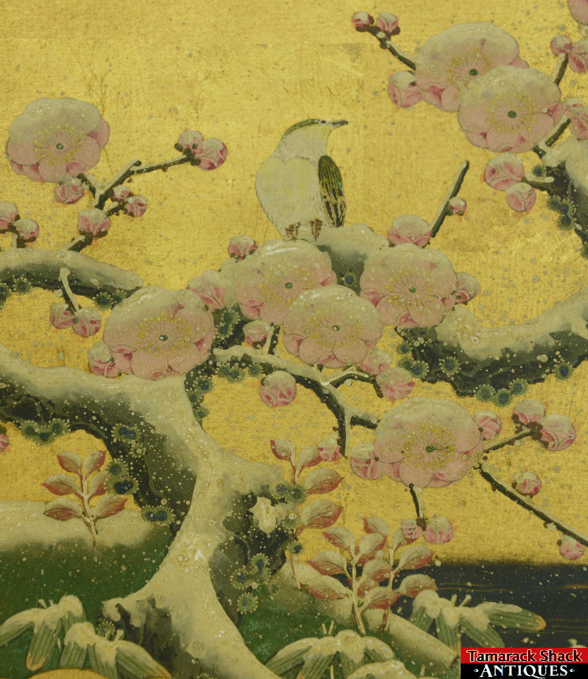 831x960 Vtg Original Japanese Painting Gold Leaf Bird Snow Covered Cherry - Cherry Tree Painting