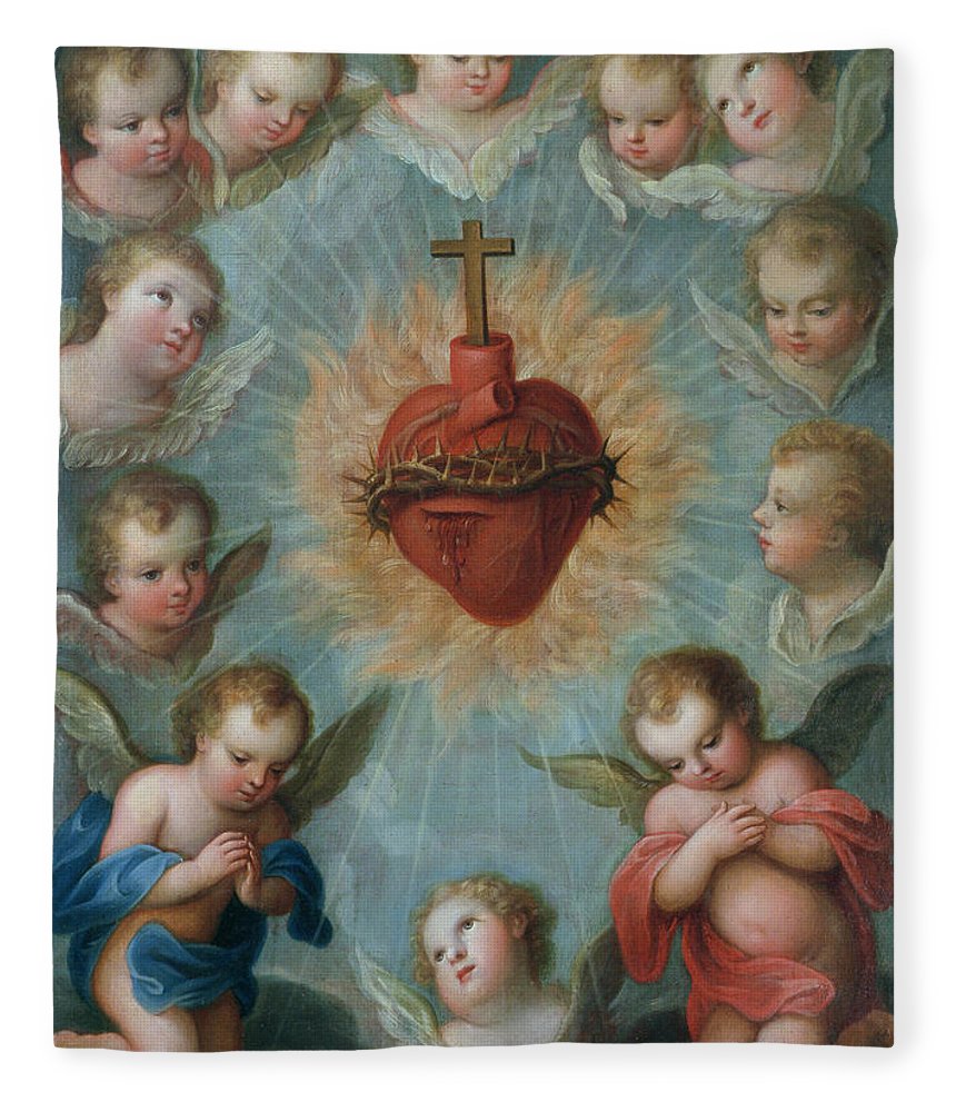 860x1000 Sacred Heart Of Jesus Surrounded By Angels Fleece Blanket For Sale - Cherub Angel Painting