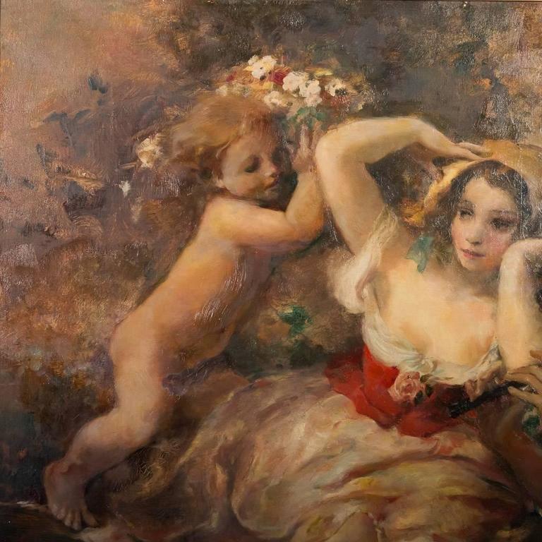 768x768 Large Antique Allegorical Painting Of Young Couple And Cherub - Cherub Painting