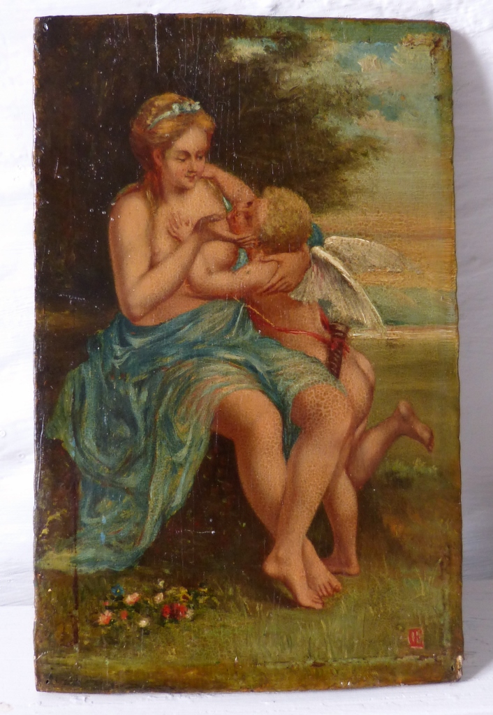 706x1024 Painting On Wood, Woman And Cherub, Xix Time - Cherub Painting