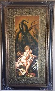 181x300 Peruvian Original Signed Oil Painting W Melon Eating Cherub W - Cherub Painting