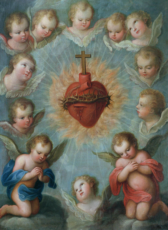 660x900 Sacred Heart Of Jesus Surrounded By Angels Painting By Jose De Paez - Cherub Painting