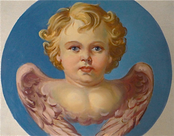 570x446 Angel Cherub Painting. Original Oil. Vintage Baby Angel. - Cherub Painting