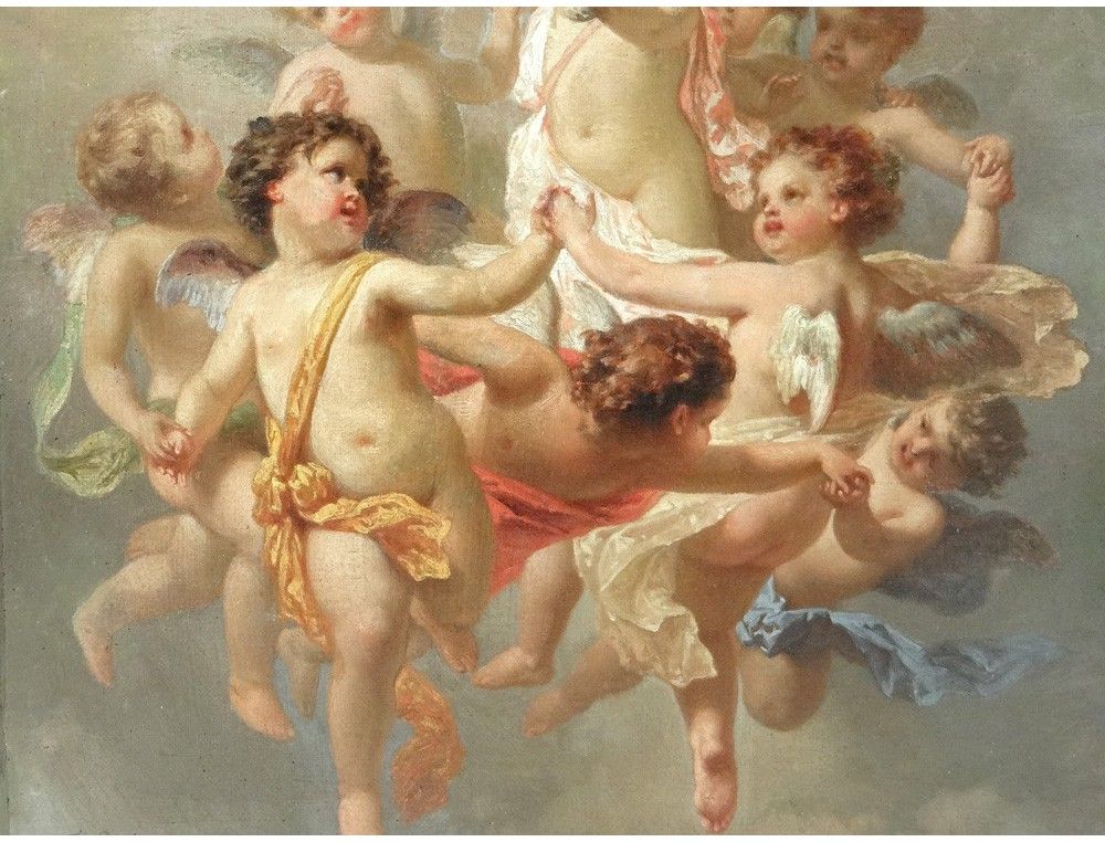 1000x762 Table Hst Allegory Love Cherubs Putti Fgonin Flower Painting Xixth - Cherub Painting