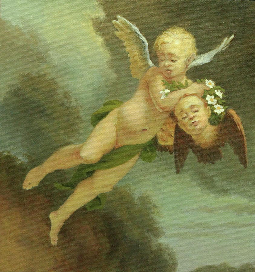 843x900 Cherub With Flowers Painting By Jim Thiesen - Cherub Painting
