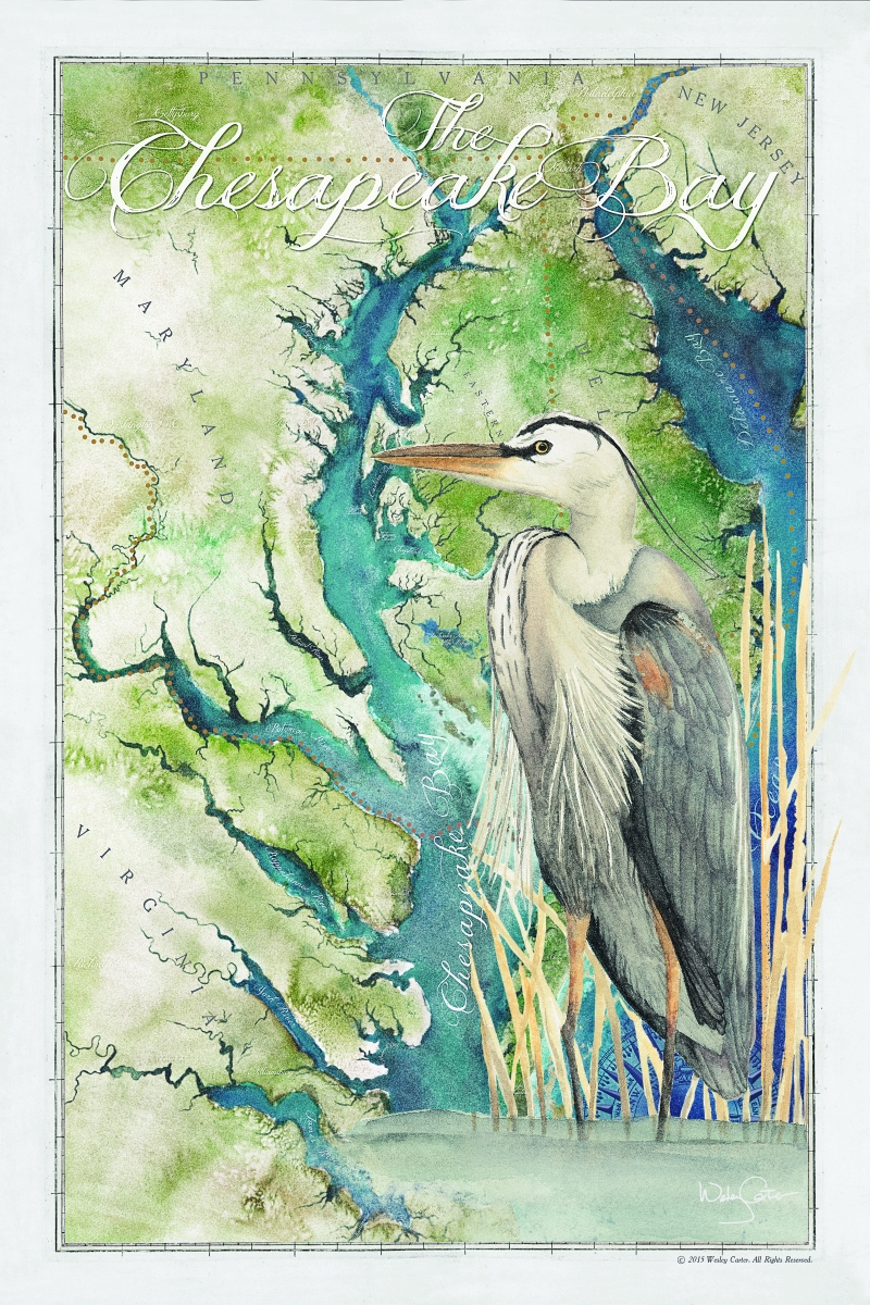 800x1200 Chesapeake Bay Map And Wildlife Watercolors - Chesapeake Bay Painting