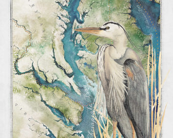 340x270 Chesapeake Bay 12 X 18 Watercolor Map Fine Art Paper Print - Chesapeake Bay Painting