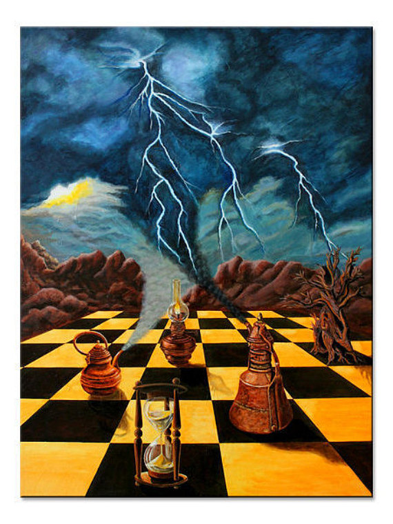 570x760 Life Art Chess Game Surreal Painting Time War Surreal Art - Chess Game Painting