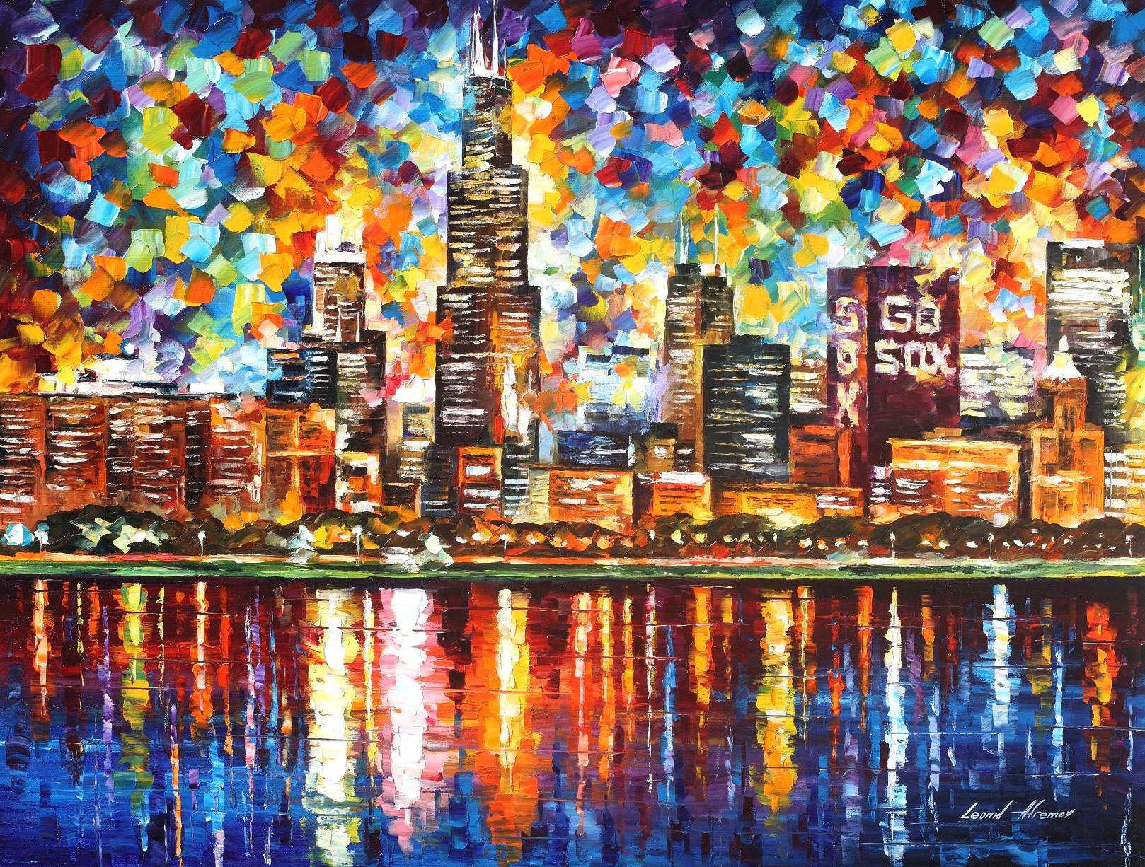 1618x1226 Chicago Palette Knife Oil Painting On Canvas By Leonid Afremov - Chicago Canvas Painting