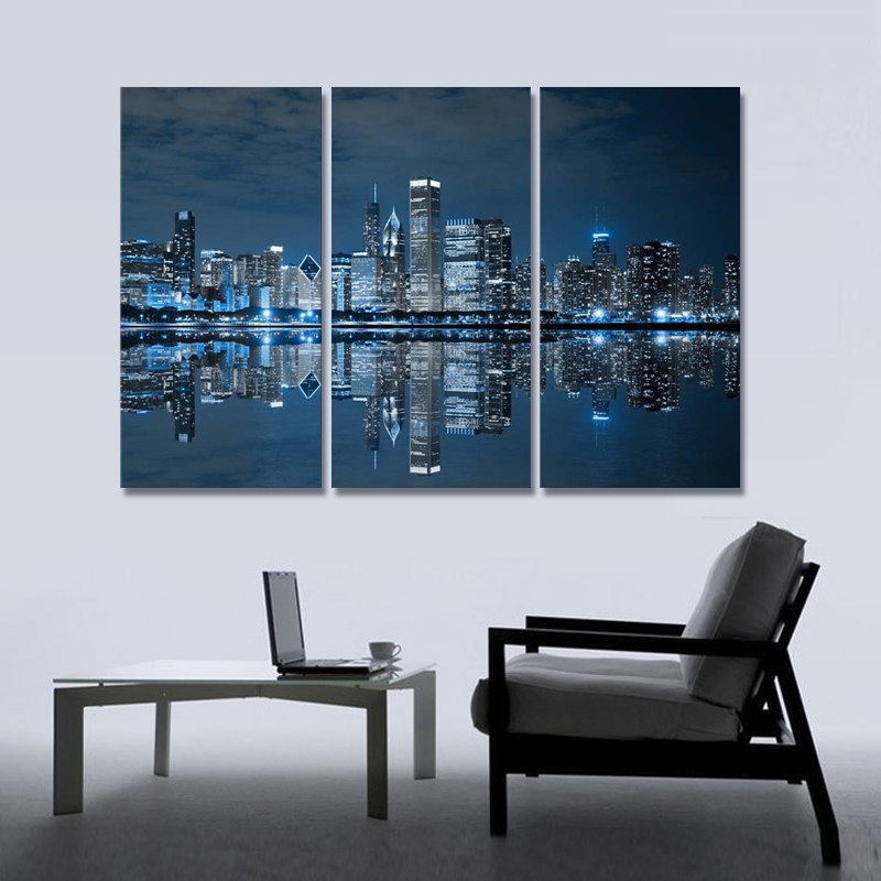 800x800 Wall Art Painting Picture Print On Blue Cool Buildings In Dark - Chicago Canvas Painting