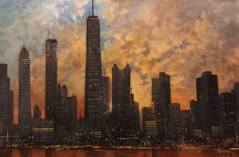 770x506 Saatchi Art Chicago Skyline Silhouette Painting By Tom Shropshire - Chicago Cityscape Painting