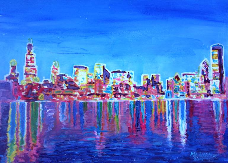 770x552 Saatchi Art Neon Shimmering Skyline Of Chicago Skyline - Chicago Cityscape Painting